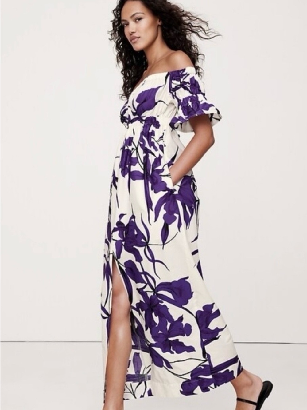 Banana Republic Hawaiian Off-Shoulder Floral Maxi Dress in Purple and Cream